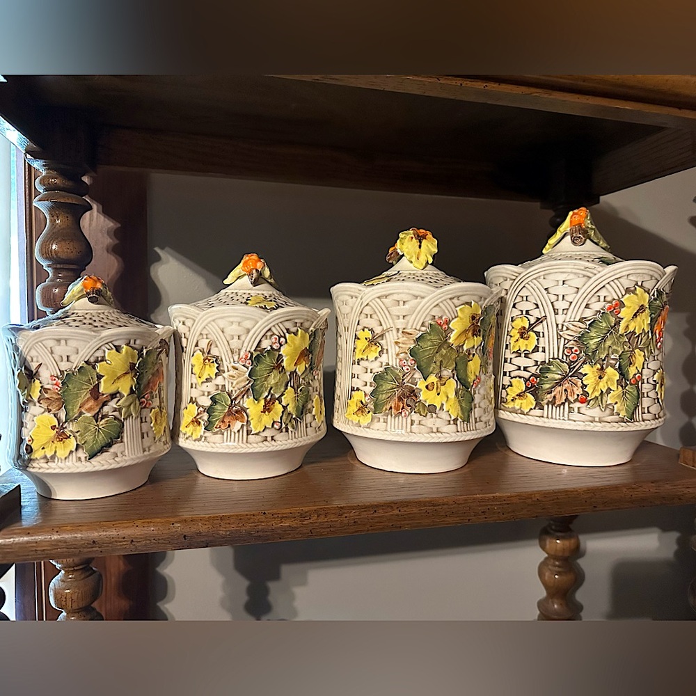 Set of 4 MCM Lefton basket weave lidded jars